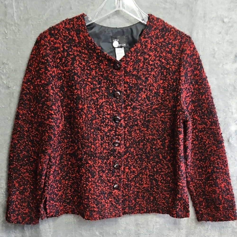 First Option Women's Med Black and Red Button-Up Jacket Lightweight Tweed USA